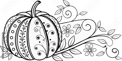 A detailed black and white illustration of a large pumpkin, centered in the frame. The pumpkin is adorned with intricate, swirling patterns, floral designs, and dot embellishments. The pumpkin's top s