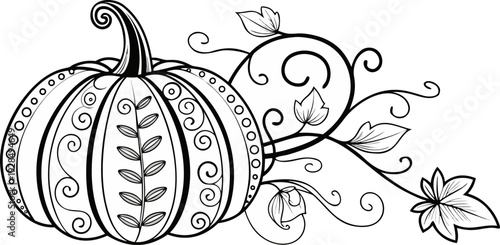 A detailed black and white illustration of a large pumpkin, centered in the frame. The pumpkin is adorned with intricate, swirling patterns, floral designs, and dot embellishments. The pumpkin's top s