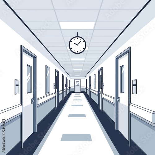 A Sterile, Linear Perspective of an Institutional Corridor with a Hanging Clock