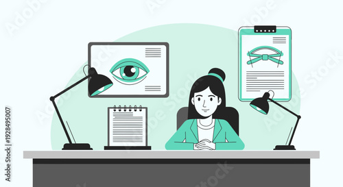 A Young Optometrist Woman Sitting Behind The Desk Ready To Examine Your Eyesight