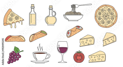 Italian food assortment: pizza, pasta, wine, and ingredients
