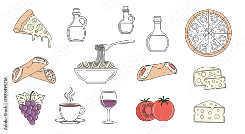 Italian food icons: pizza, pasta, wine, and ingredients