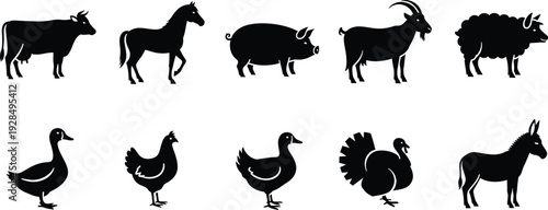 Collection of black silhouettes representing various common domestic farm animals on a white background.