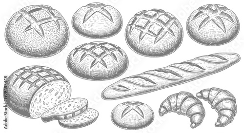 Artistic bread assortment illustration, baked goods, bakery products, vintage style