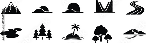 A collection of ten black and white landscape icons representing different geographical features
