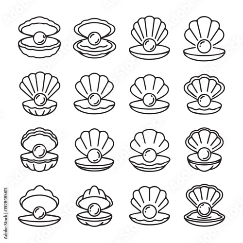 Oyster Shell Pearl Icons Set Vector Illustration Nautical Marine Theme