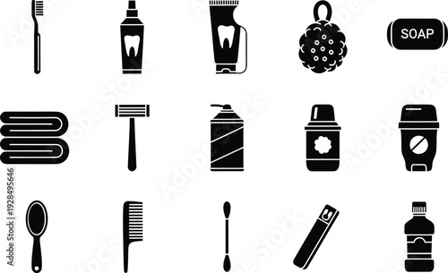 Collection of black and white personal hygiene and bathroom accessory icons on a white background