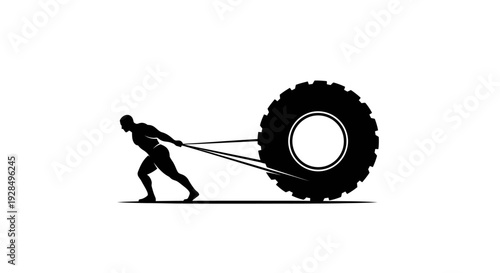 Man pulling a large tire with rope symbolizing strength and effort
