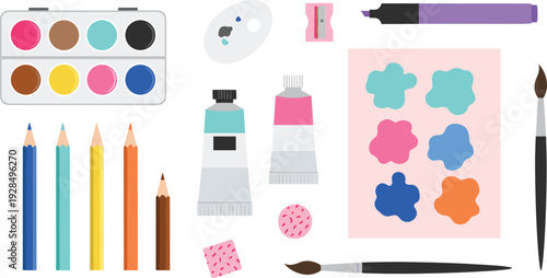 Art supplies collection with watercolor palette paint tubes brushes pencils and creative tools vector illustration set