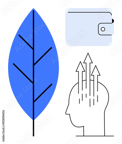 Sustainable growth concept. Sustainable living ed by a leaf, a wallet finances, and a human head with arrows innovation. For ecology, finance, innovation, education, and creativity