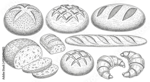 bread assortment illustration, various baked goods, sketch style