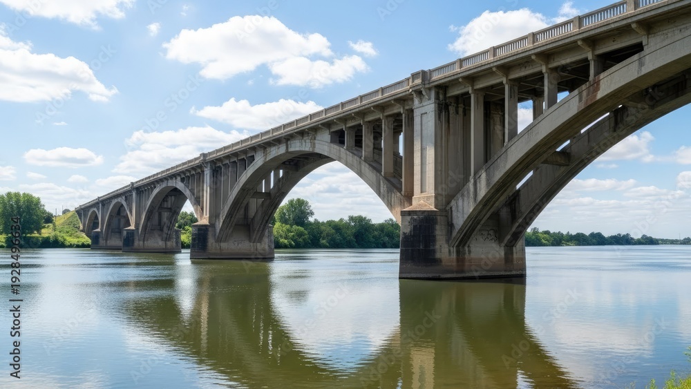 Obraz premium A large concrete bridge spans a calm river under a blue sky