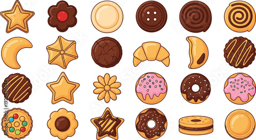 Assorted cookies and donuts collection with chocolate glaze, sprinkles and pastry shapes flat vector illustration set