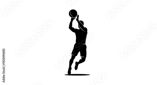 Silhouette of a man with a basketball in mid-air against white background