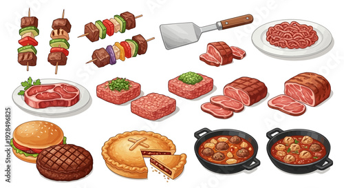 Assortment of delicious meat dishes: kebabs, steaks, burgers, pies, and meatballs