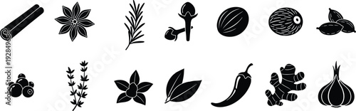 Collection of various spice and herb silhouette icons including cinnamon, ginger, and garlic.