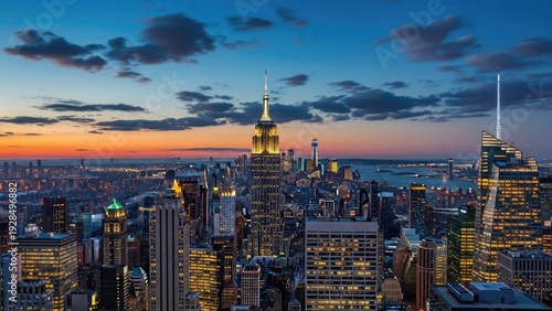 Aerial view of New York City skyline at dusk with skyscrapers and illuminated buildings