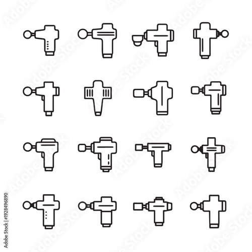 Massage Gun Icon Set Percussion Therapy Devices Muscle Recovery Tools Vector Line Art