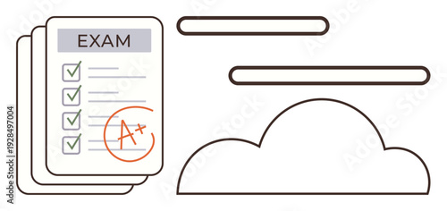 Education, achievement, testing, learning, academic success, motivation. Stack of graded exam papers with an A plus and abstract cloud. Education and achievement visual metaphor