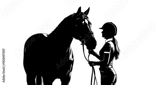 Graceful silhouette of a female rider with her horse: Design for equestrian club logos, horse breeding farm brochures, or country life posters. Transparent background SVG version.