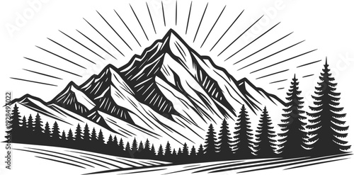 A detailed black and white illustration of a mountain range. The mountains are the main subject, dominating the upper portion of the image. They are depicted with a stylized, cross-hatch shading techn