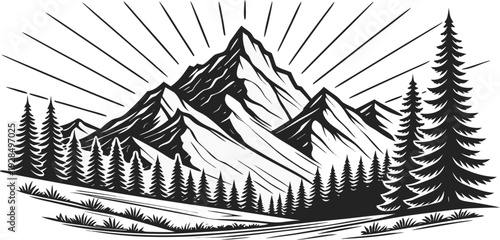 A detailed black and white illustration of a mountain range. The mountains are the main subject, dominating the upper portion of the image. They are depicted with a stylized, cross-hatch shading techn