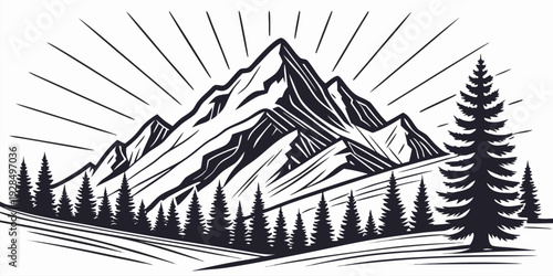 A detailed black and white illustration of a mountain range. The mountains are the main subject, dominating the upper portion of the image. They are depicted with a stylized, cross-hatch shading techn
