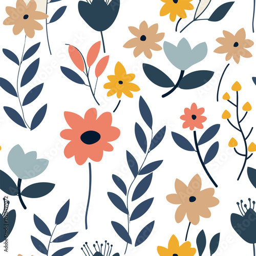 A seamless floral pattern with stylized leaves and colorful flowers is arranged on a black background in a modern flat design.