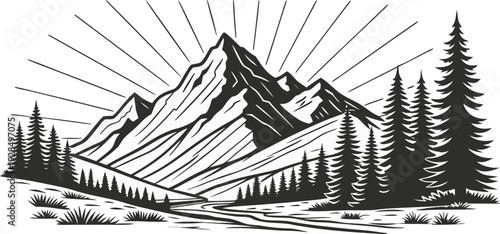 A detailed black and white illustration of a mountain range. The mountains are the main subject, dominating the upper portion of the image. They are depicted with a stylized, cross-hatch shading techn