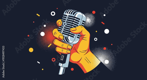 hand holding microphone illustration, music performance concept
