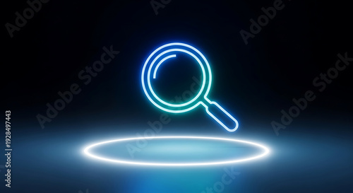 Neon magnifying glass on a dark blue background with a glowing circle.