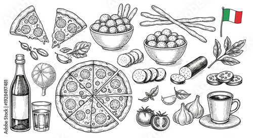 Italian food sketch, pizza, meatballs, breadsticks, and flag