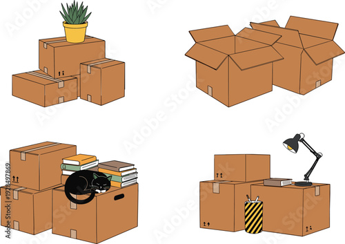 Cardboard moving boxes set with packed open stacked and office items vector illustration collection