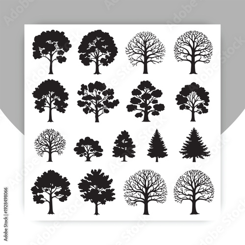 Black Tree Silhouette Icon Set – Collection of Different Forest Trees Isolated on White Background, Vector Illustration,