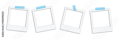Photo frame set with blank space and blue sticker. Rotated picture frame concept, single isolated retro object with adhesive tape. Vector detailed design