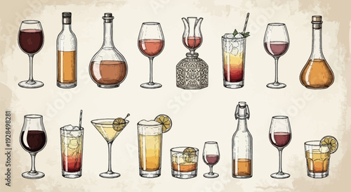 Vintage drinks illustration, various glasses and bottles on beige background