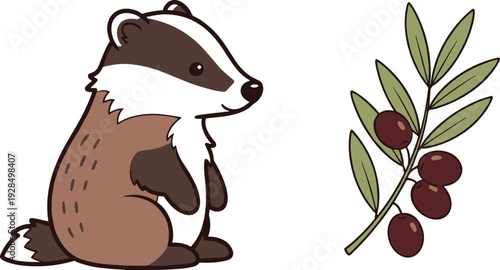Cute badger woodland animal with olive branch illustration isolated on white background flat vector design