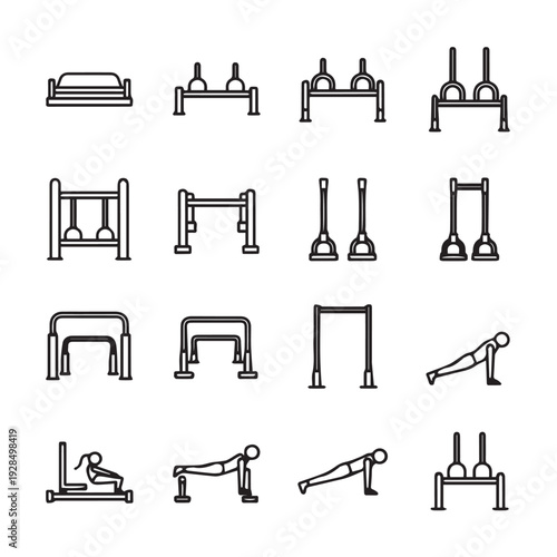 Outdoor Fitness Equipment Icons: Workout Stations Bars and Bodyweight Exercises