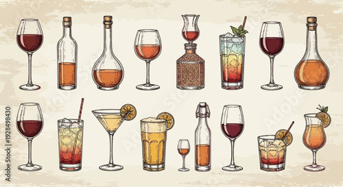 vintage alcohol drinks illustration, cocktails and wine glasses