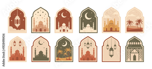Collection of Islamic Arch Window Scenes with Mosques and Palm Trees