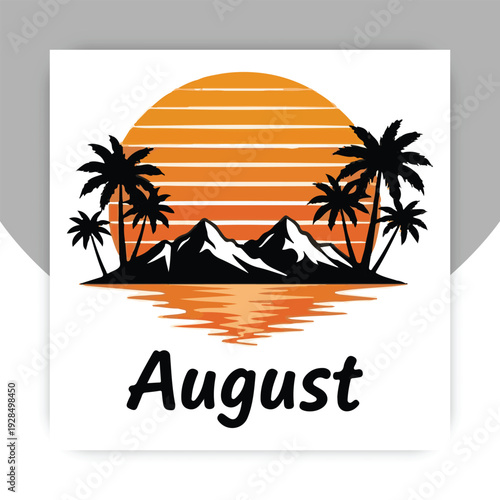 August Summer Tropical Landscape with Palm Trees and Mountain Sunset Illustration,
