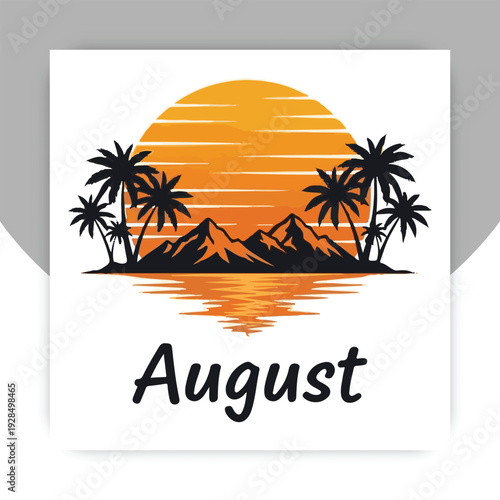 August Summer Tropical Landscape with Palm Trees and Mountain Sunset Illustration,