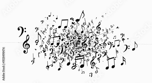 Musical notes explosion, music background, black and white