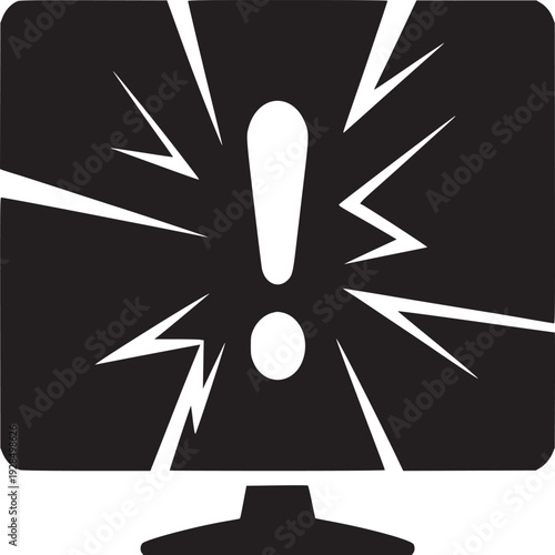 Urgent system error on monitor with exclamation point showing computer problems and cyber security issues