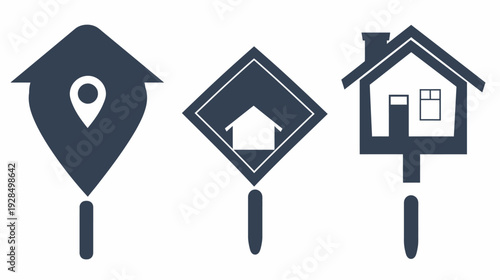 Three stylized, simplified house icons with stems, representing location, direction, and residential properties
