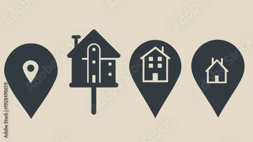 Four location markers with house symbols on a cream background. The markers vary in detail