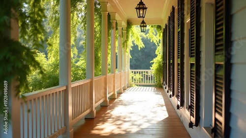 A sunlit southern porch with white columns and dark shutters evokes peaceful home vibes