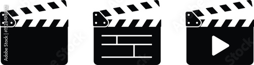 Black film clapperboard icons set isolated on white background, movie production slate symbols with play button for cinema and video editing concept