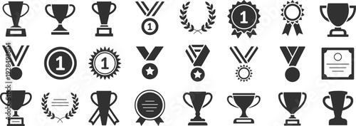 Awards and trophy icons set with medals, ribbons, badges and certificate symbols isolated on white background for achievement and competition design