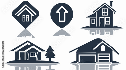 Silhouettes of houses, an arrow marker, and their reflections in a graphic design layout